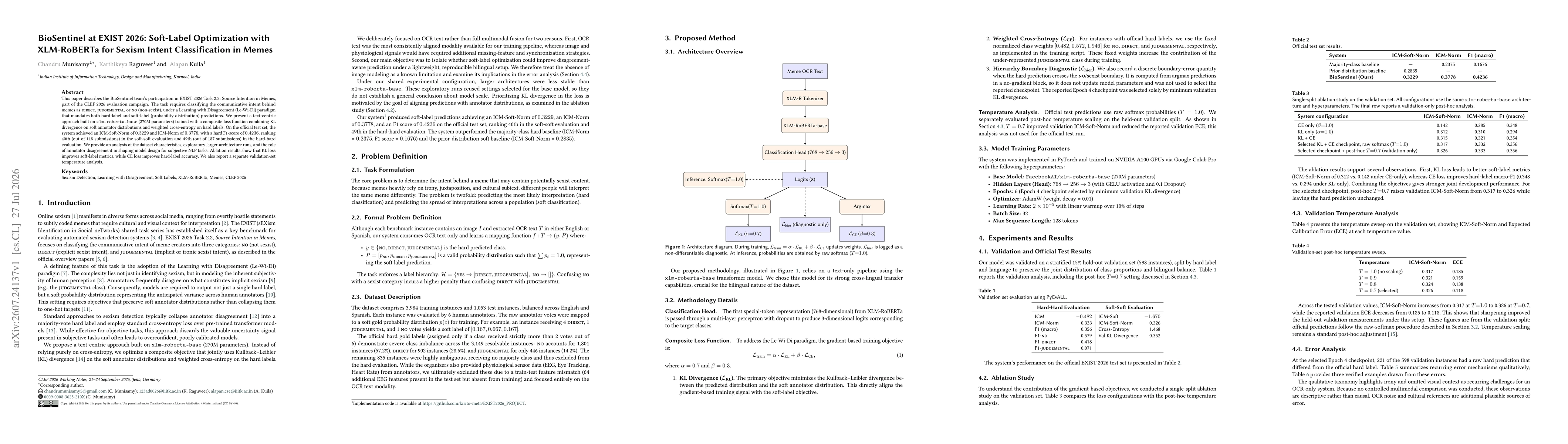 Thumbnail for BioSentinel at EXIST 2026: Soft-Label Optimization with XLM-RoBERTa for Sexism Intent Classification in Memes