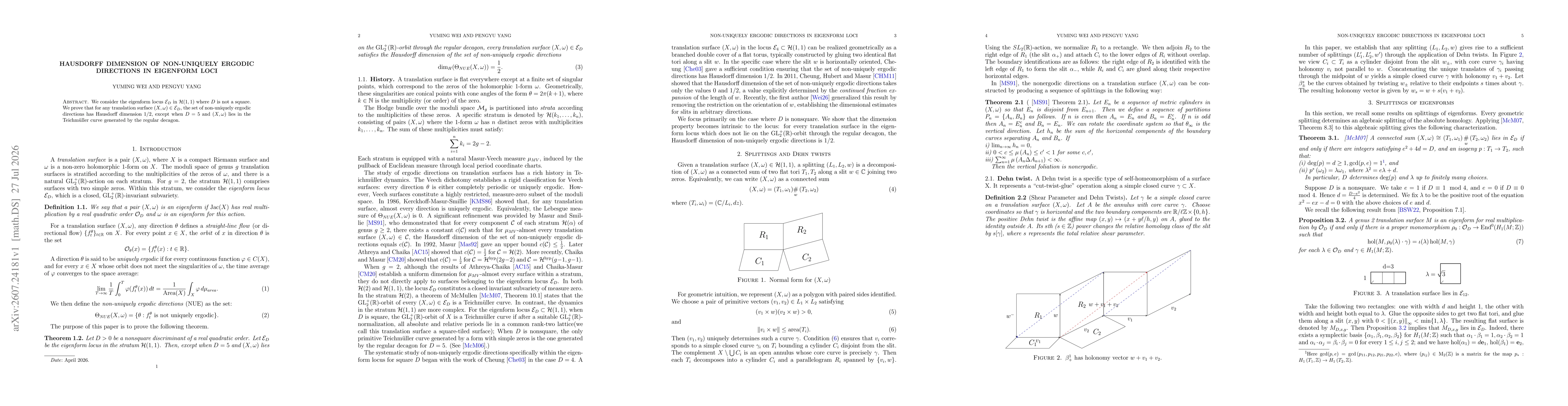 Thumbnail for Hausdorff dimension of non-uniquely ergodic directions in eigenform loci