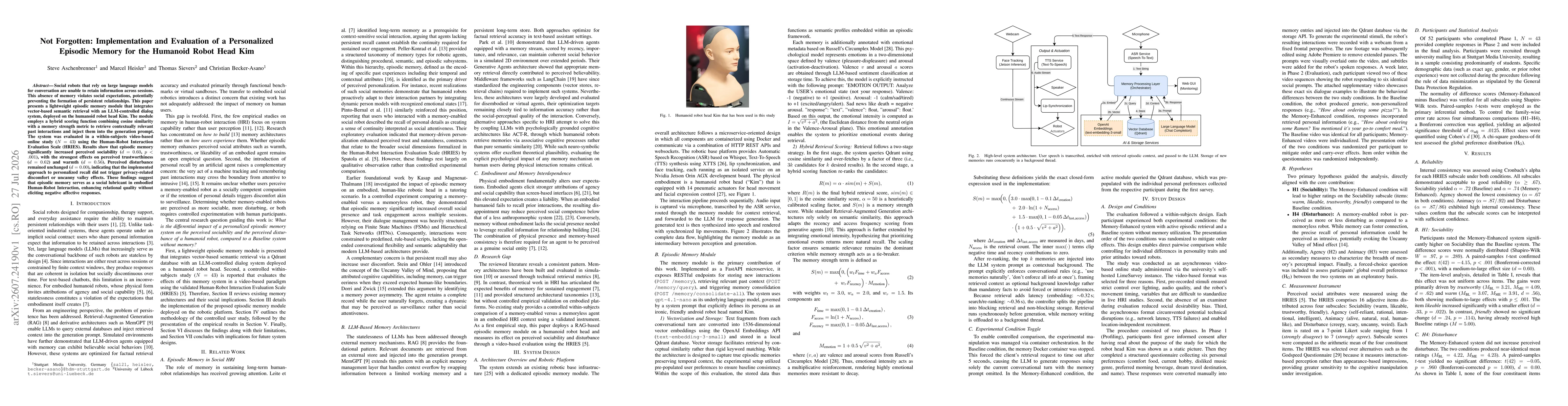 Thumbnail for Not Forgotten: Implementation and Evaluation of a Personalized Episodic Memory for the Humanoid Robot Head Kim