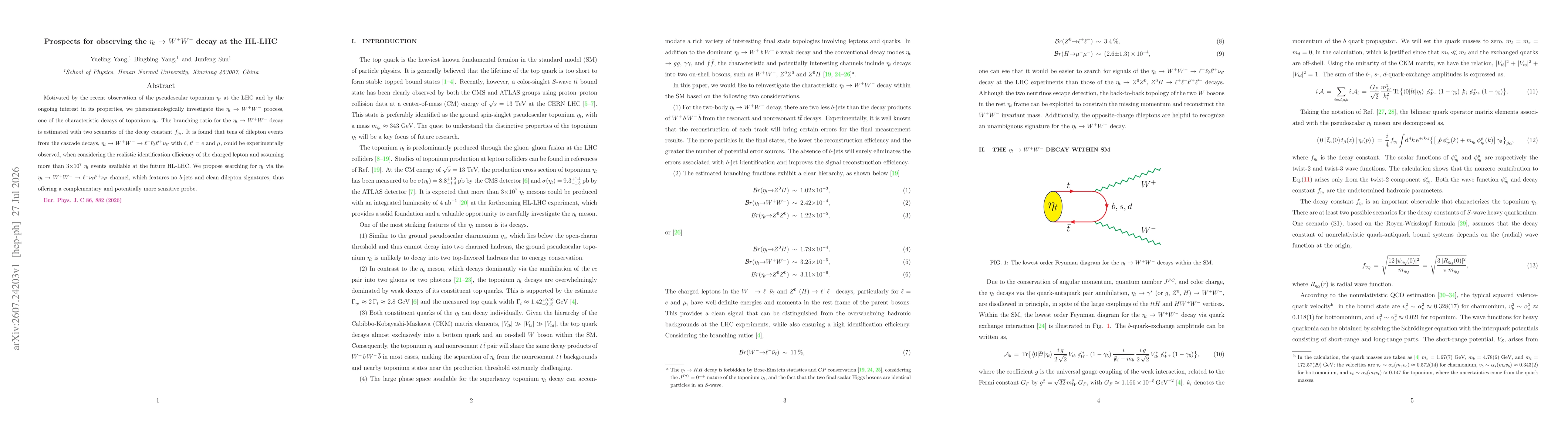 Thumbnail for Prospects for observing the $η_{t}$ ${\to}$ $W^{+}W^{-}$ decay at the HL-LHC