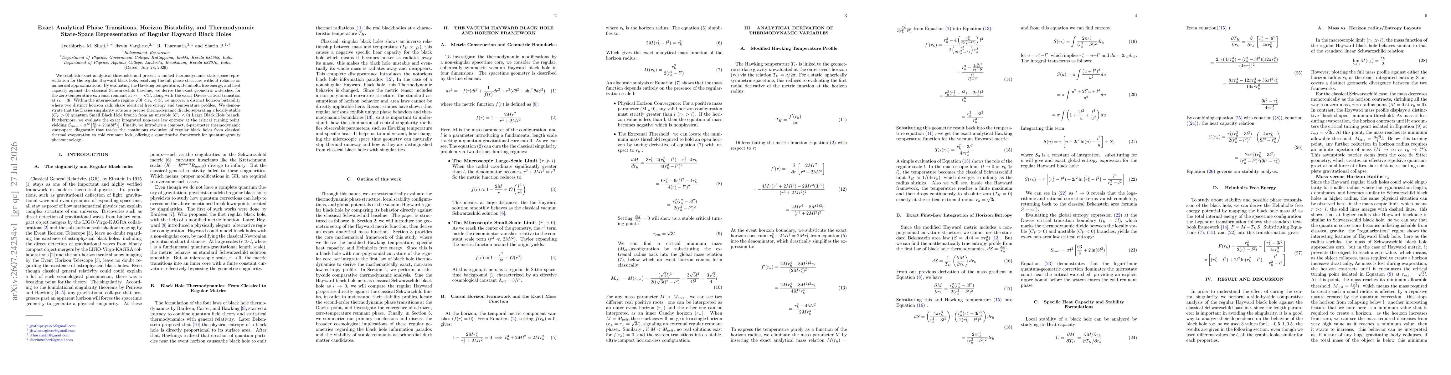 Thumbnail for Exact Analytical Phase Transitions, Horizon Bistability, and Thermodynamic State-Space Representation of Regular Hayward Black Holes