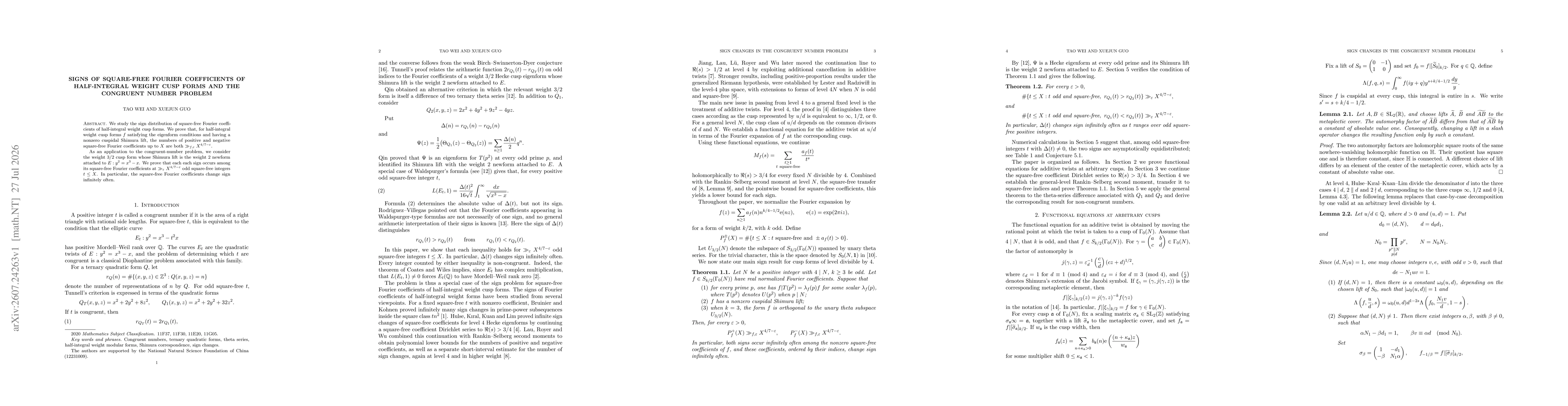 Thumbnail for Signs of Square-Free Fourier Coefficients of Half-Integral weight cusp forms and the Congruent Number Problem