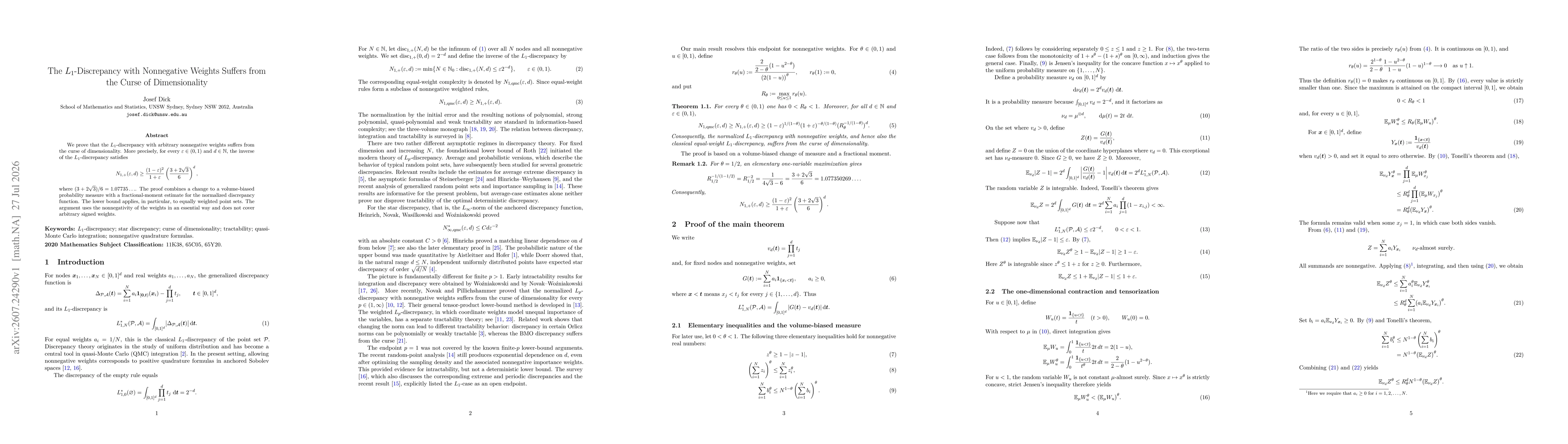 Thumbnail for The $L_1$-Discrepancy with Nonnegative Weights Suffers from the Curse of Dimensionality