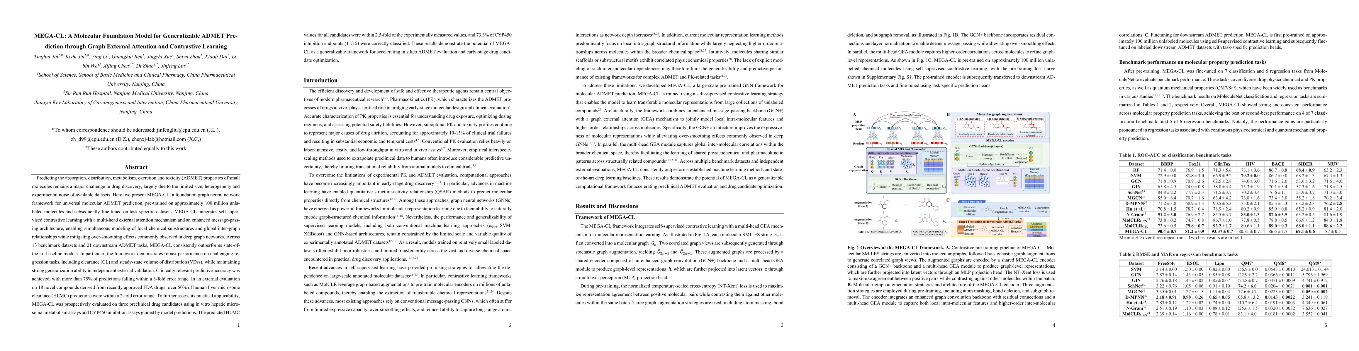 Thumbnail for MEGA-CL: A Molecular Foundation Model for Generalizable ADMET Prediction through Graph External Attention and Contrastive Learning