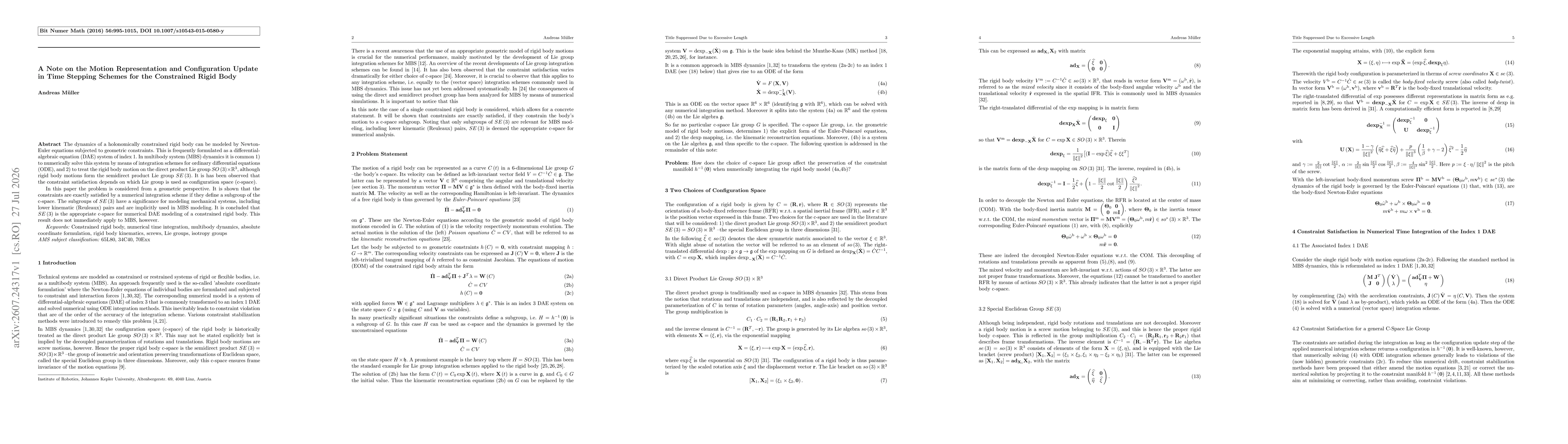 Thumbnail for A note on the motion representation and configuration update in time stepping schemes for the constrained rigid body