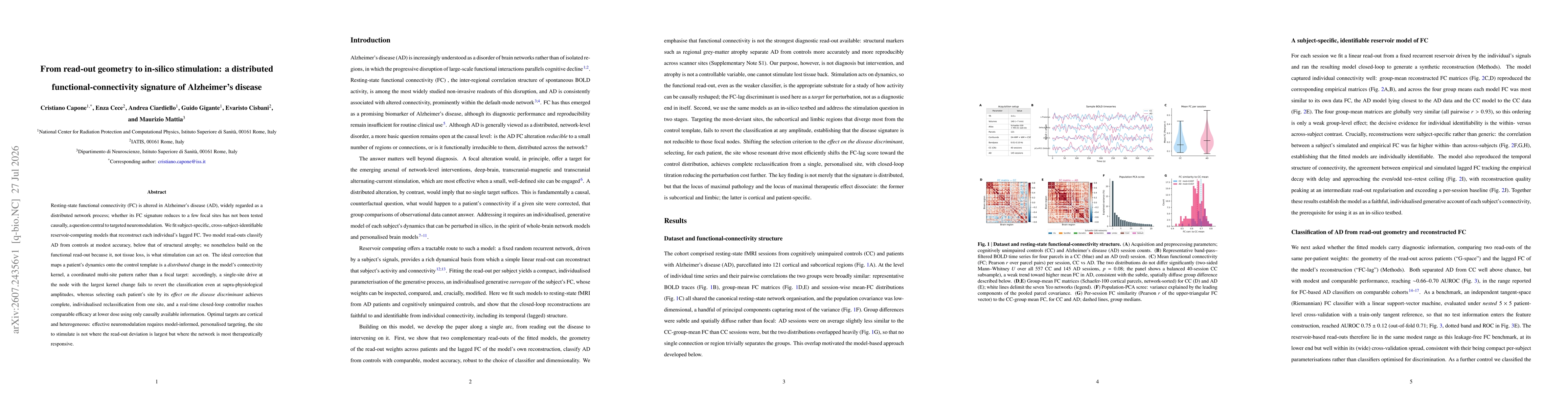 Thumbnail for From read-out geometry to in-silico stimulation: a distributed functional-connectivity signature of Alzheimer's disease