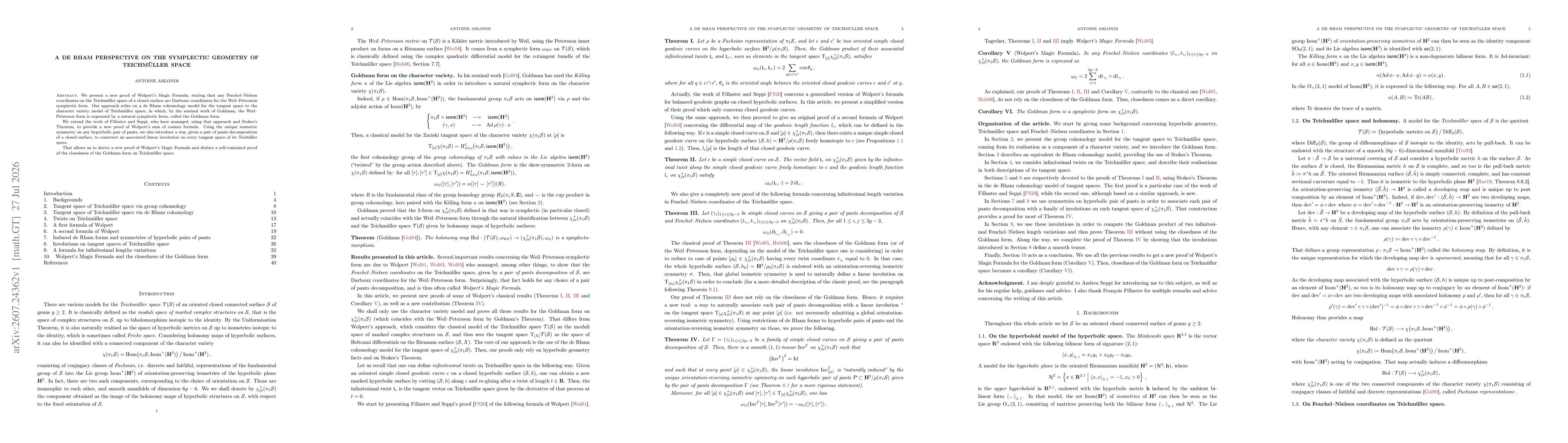 Thumbnail for A De Rham Perspective on the Symplectic Geometry of Teichmüller Space