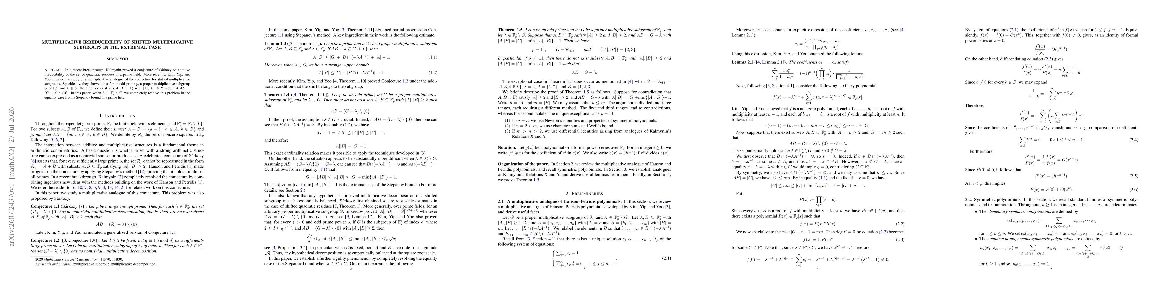 Thumbnail for Multiplicative irreducibility of shifted multiplicative subgroups in the extremal case