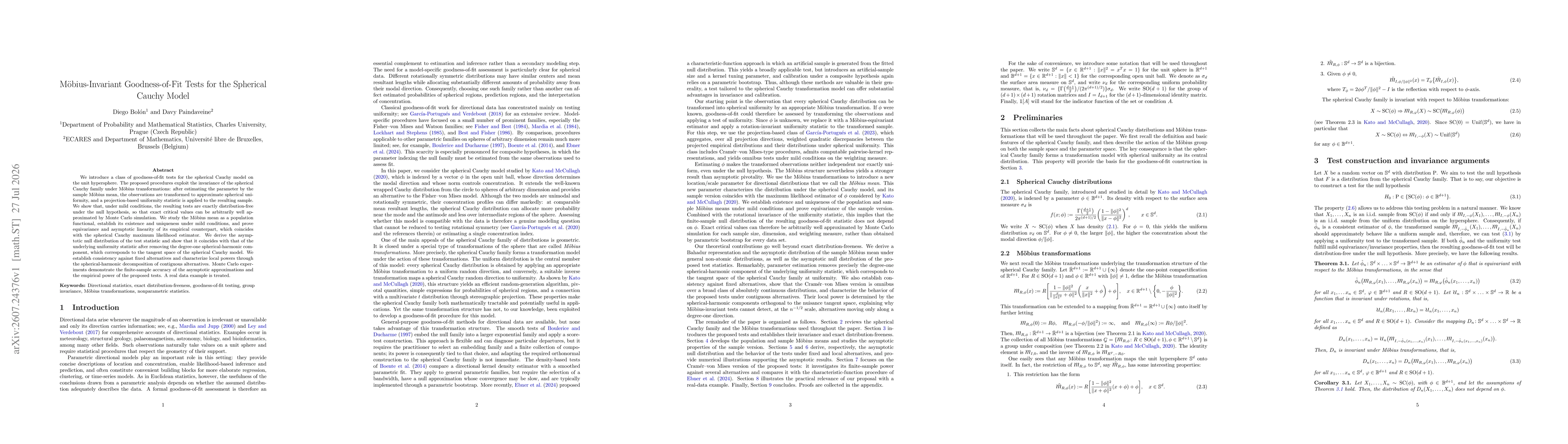 Thumbnail for Möbius-Invariant Goodness-of-Fit Tests for the Spherical Cauchy Model