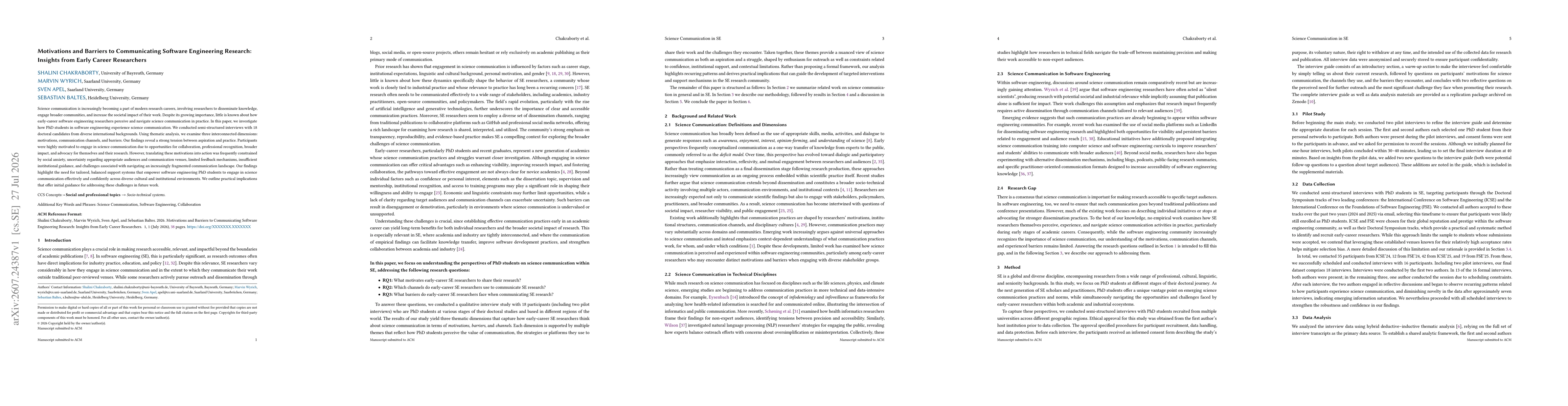 Thumbnail for Motivations and Barriers to Communicating Software Engineering Research: Insights from Early Career Researchers