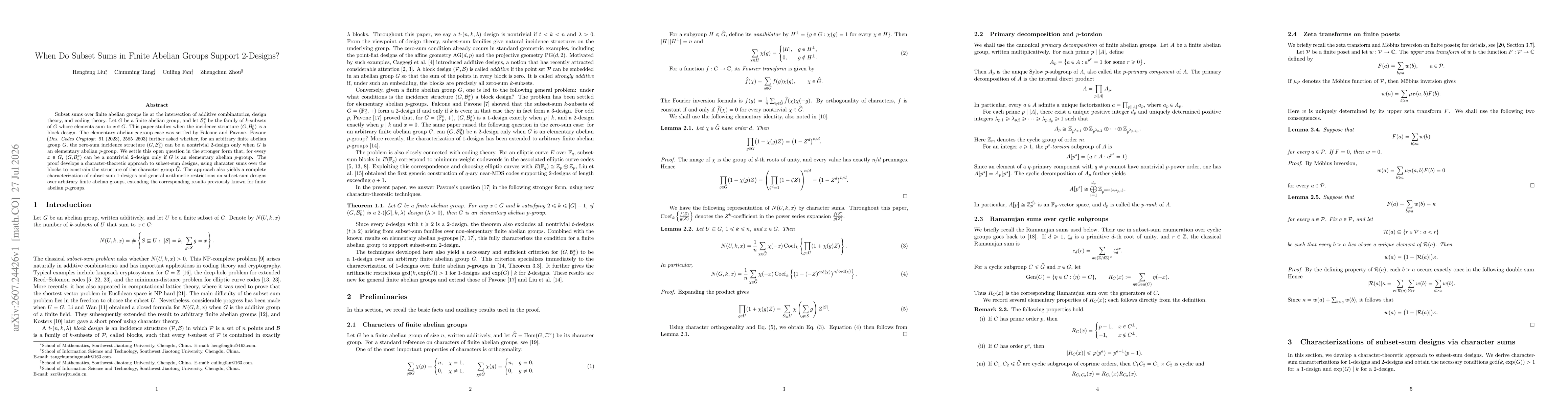 Thumbnail for When Do Subset Sums in Finite Abelian Groups Support $2$-Designs?