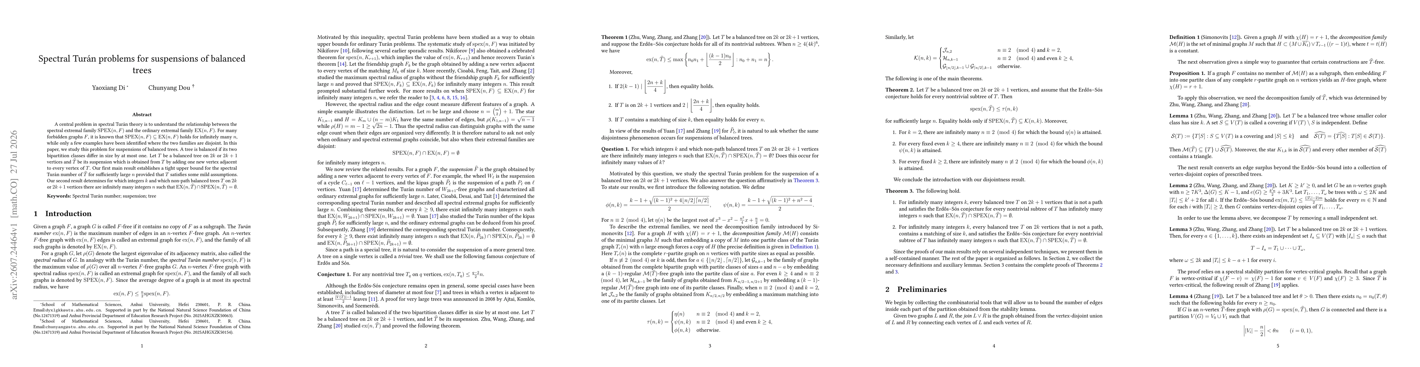 Thumbnail for Spectral Turán problems for suspensions of balanced trees