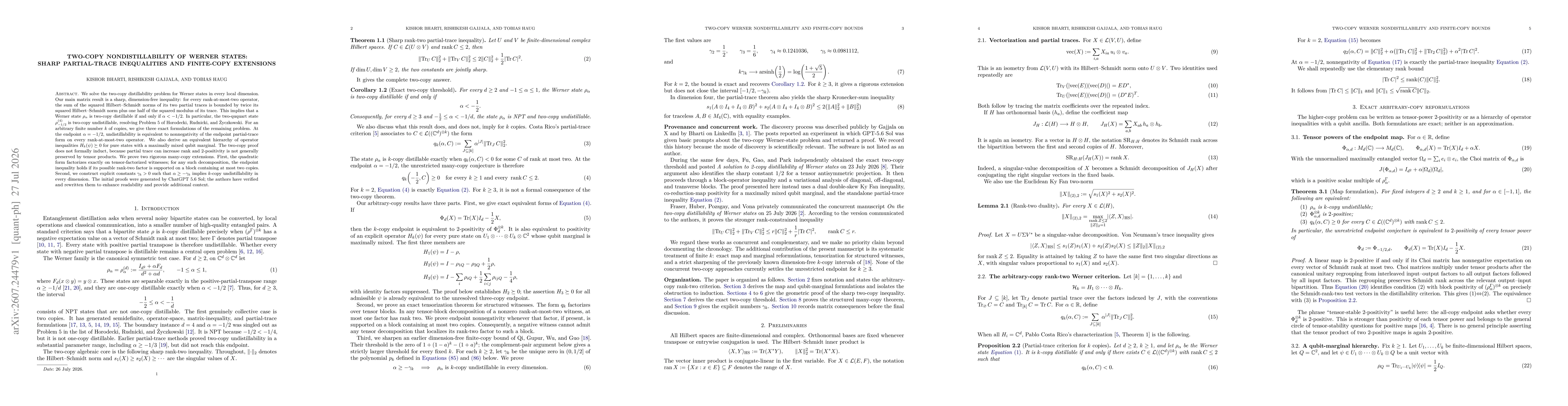 Thumbnail for Two-copy nondistillability of Werner states: sharp partial-trace inequalities and finite-copy extensions