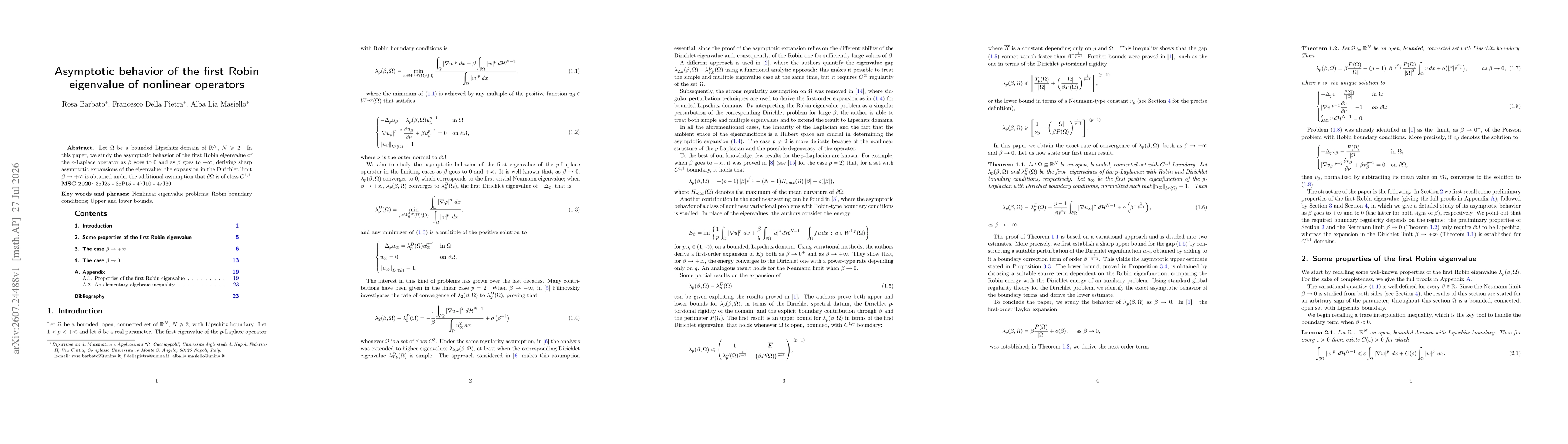 Thumbnail for Asymptotic behavior of the first Robin eigenvalue of nonlinear operators