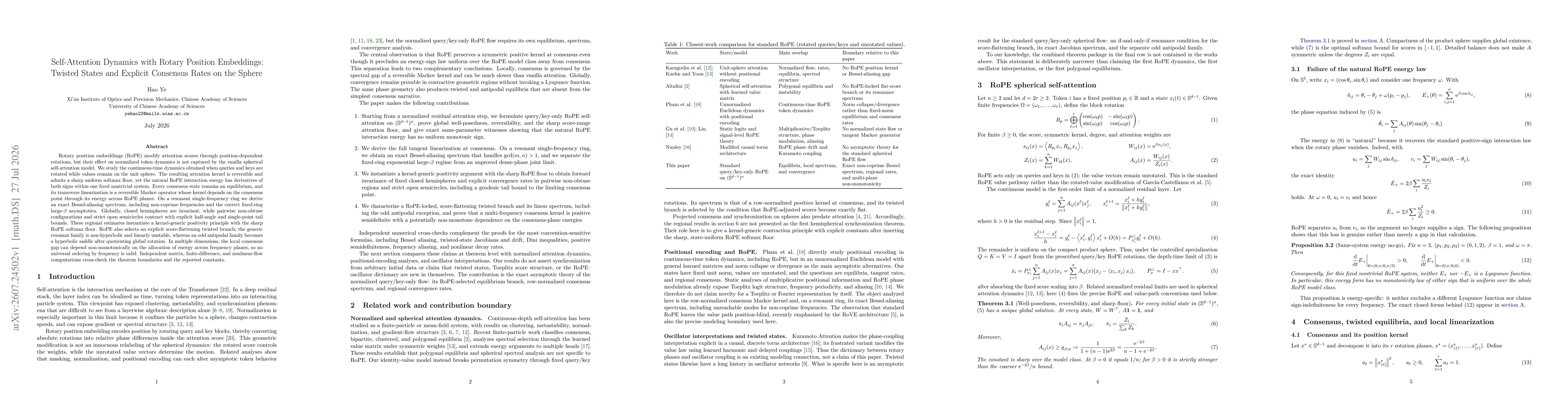 Thumbnail for Self-Attention Dynamics with Rotary Position Embeddings: Twisted States and Explicit Consensus Rates on the Sphere