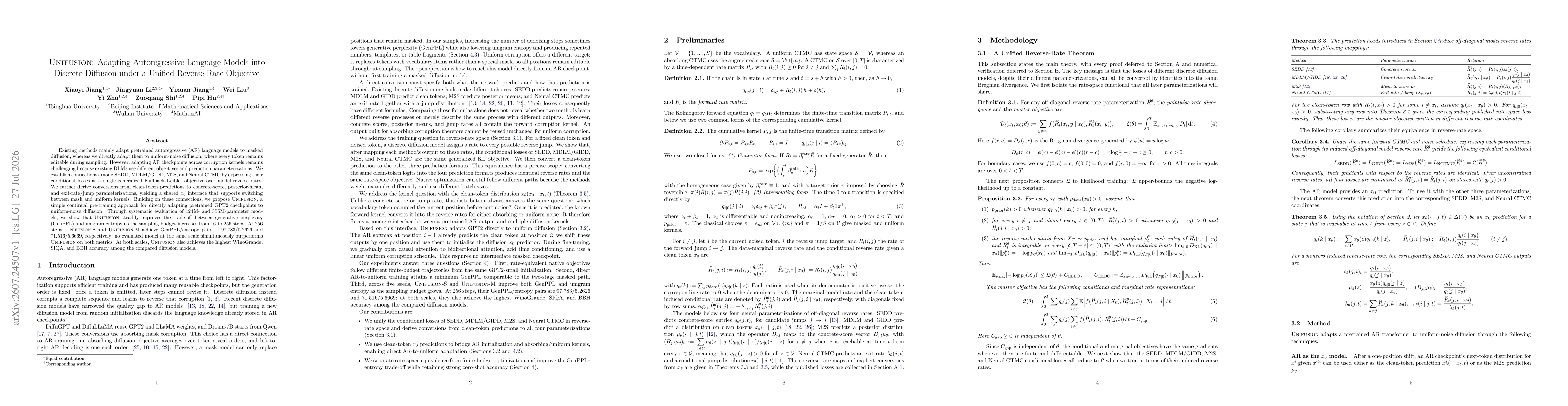 Thumbnail for UNIFUSION: Adapting Autoregressive Language Models into Discrete Diffusion under a Unified Reverse-Rate Objective