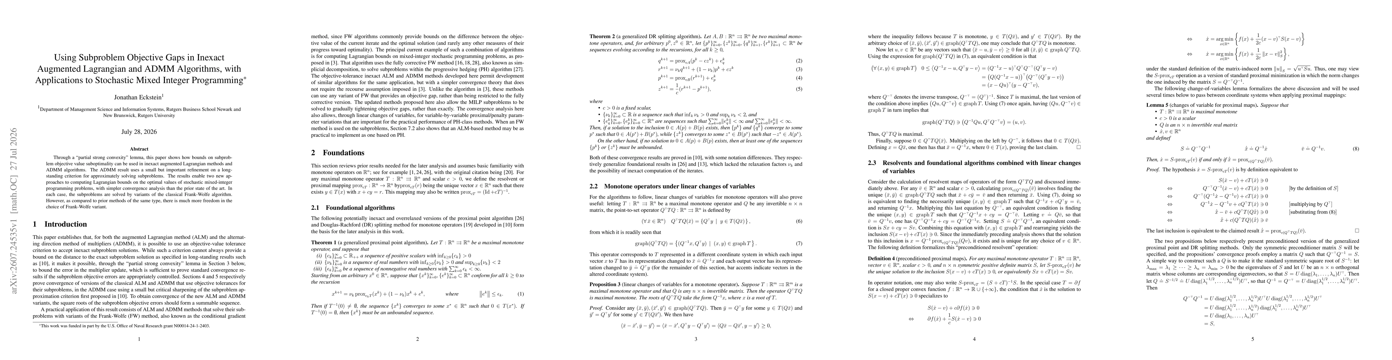 Thumbnail for Using Subproblem Objective Gaps in Inexact Augmented Lagrangian and ADMM Algorithms, with Applications to Stochastic Mixed Integer Programming