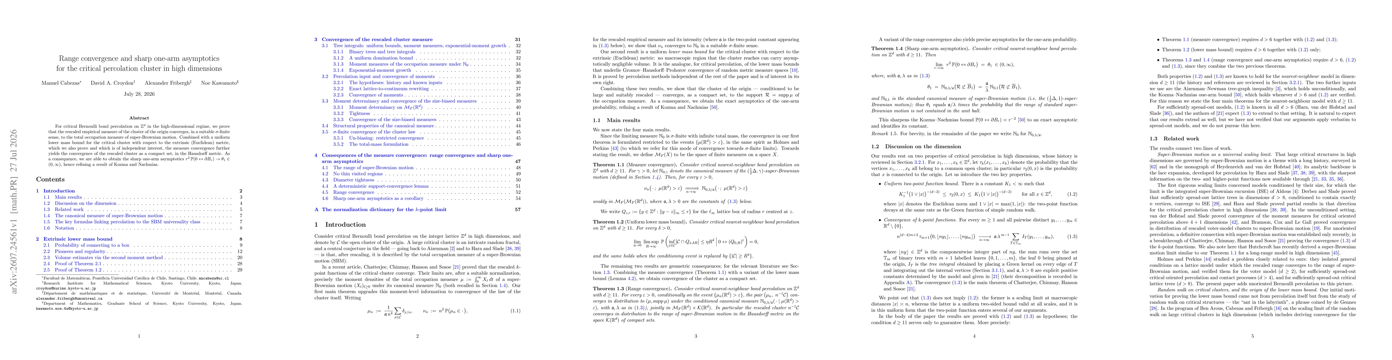 Thumbnail for Range convergence and sharp one-arm asymptotics for the critical percolation cluster in high dimensions