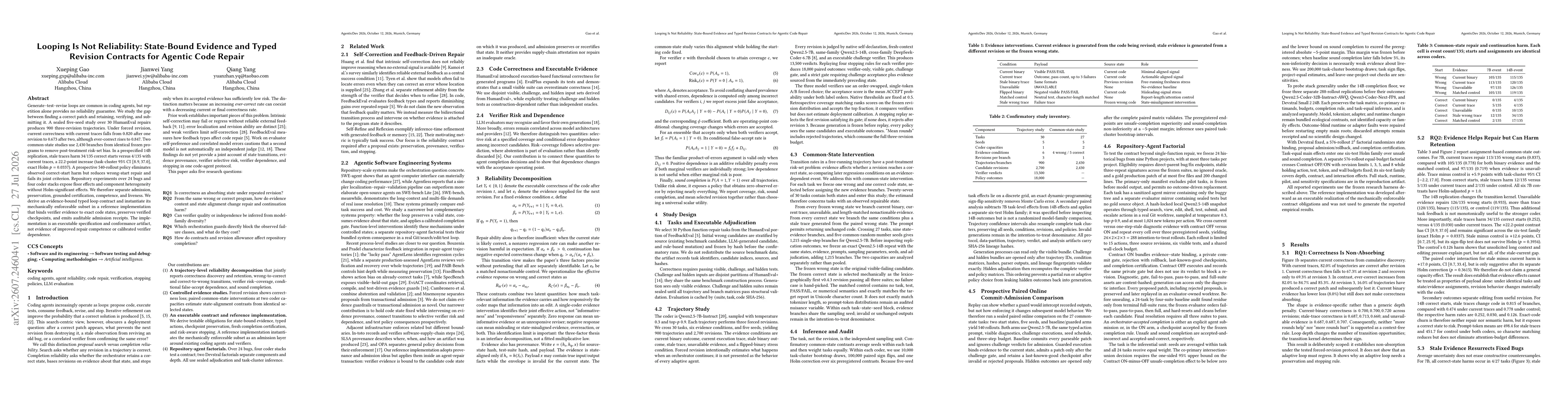 Thumbnail for Looping Is Not Reliability: State-Bound Evidence and Typed Revision Contracts for Agentic Code Repair