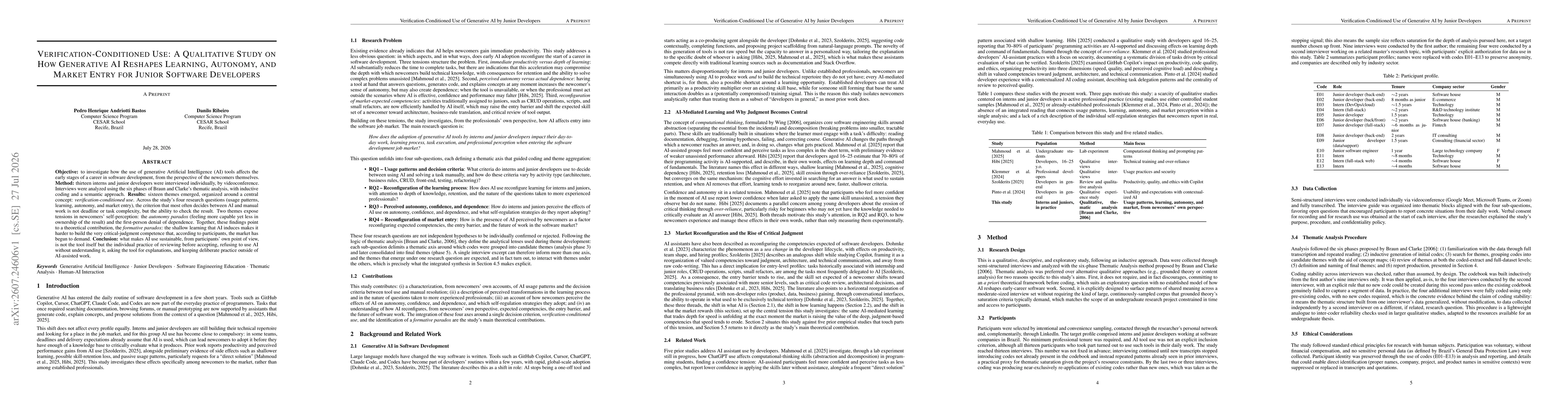 Thumbnail for Verification-Conditioned Use: A Qualitative Study on How Generative AI Reshapes Learning, Autonomy, and Market Entry for Junior Software Developers