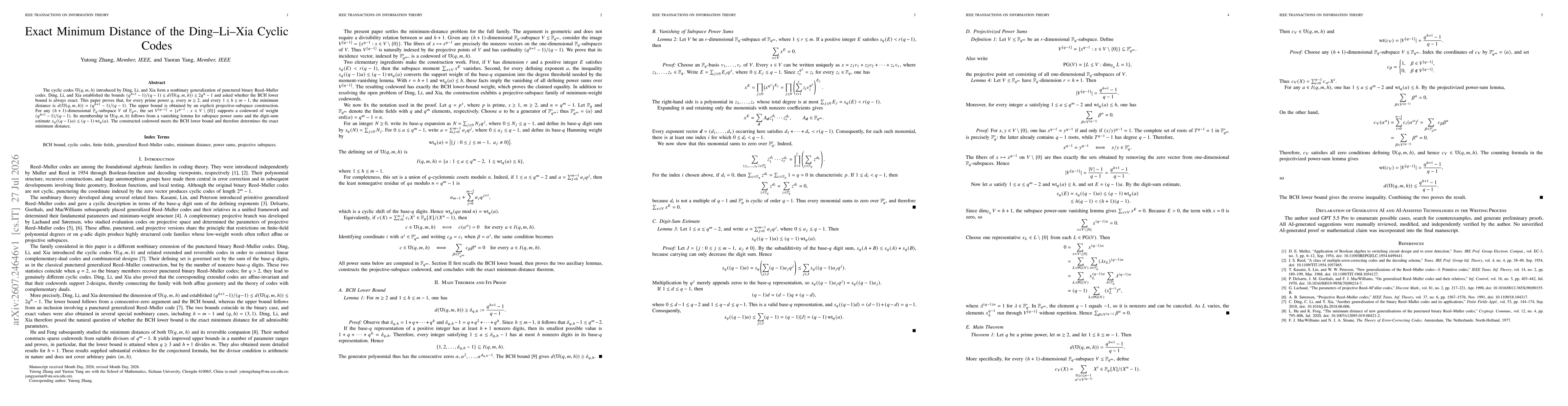 Thumbnail for Exact Minimum Distance of the Ding--Li--Xia Cyclic Codes