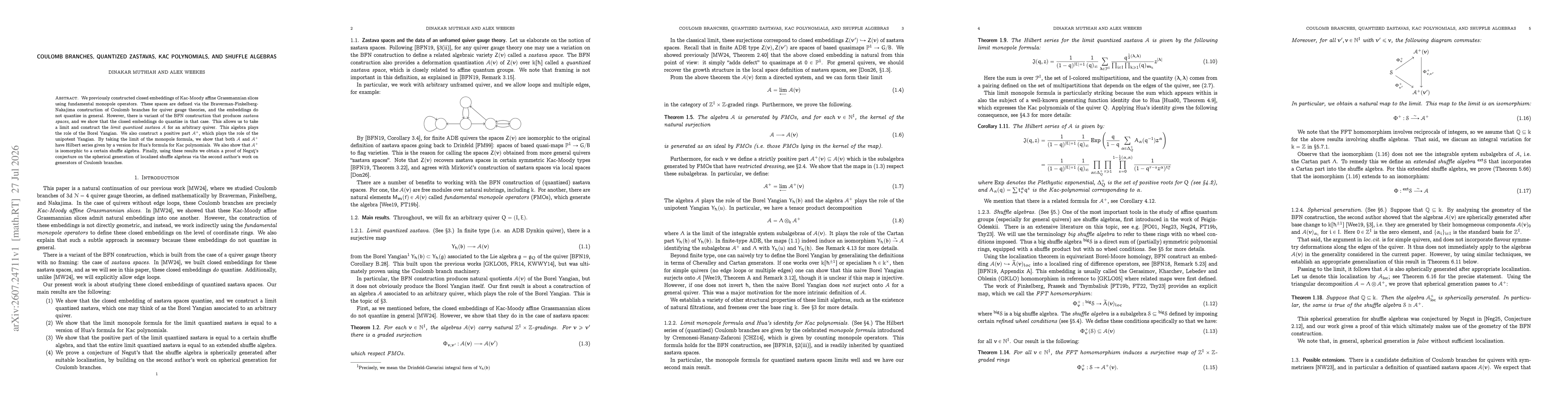 Thumbnail for Coulomb branches, quantized zastavas, Kac polynomials, and shuffle algebras