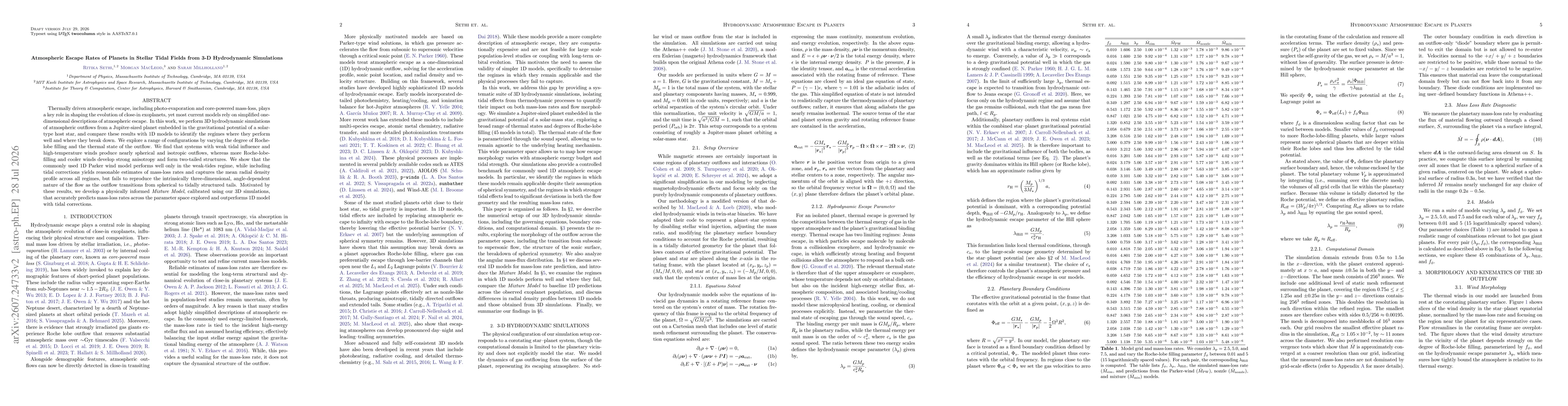Thumbnail for Atmospheric Escape Rates of Planets in Stellar Tidal Fields from 3-D Hydrodynamic Simulations