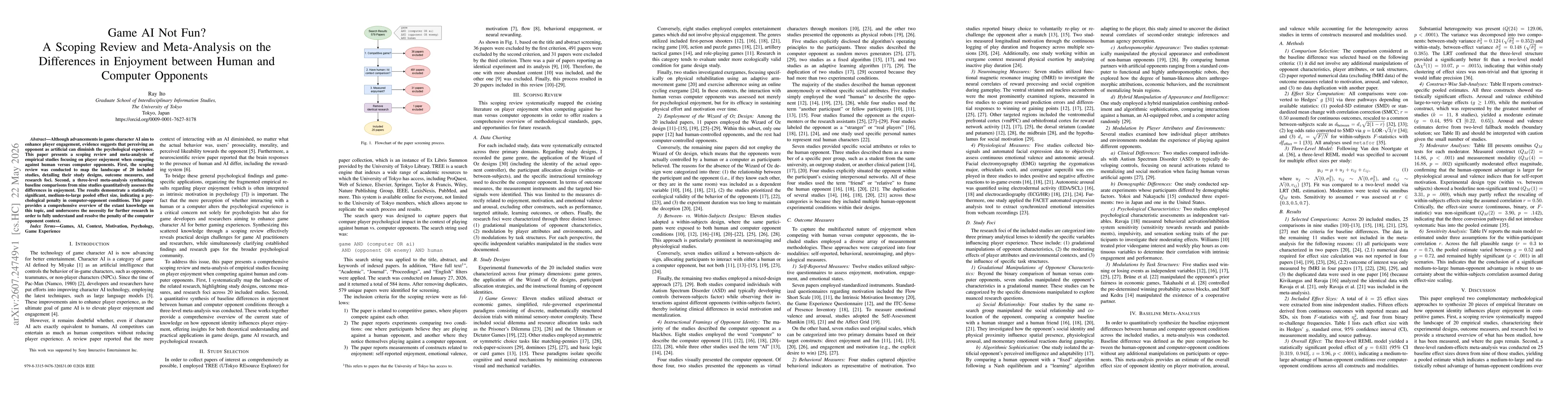 Thumbnail for Game AI Not Fun? A Scoping Review and Meta-Analysis on the Differences in Enjoyment between Human and Computer Opponents