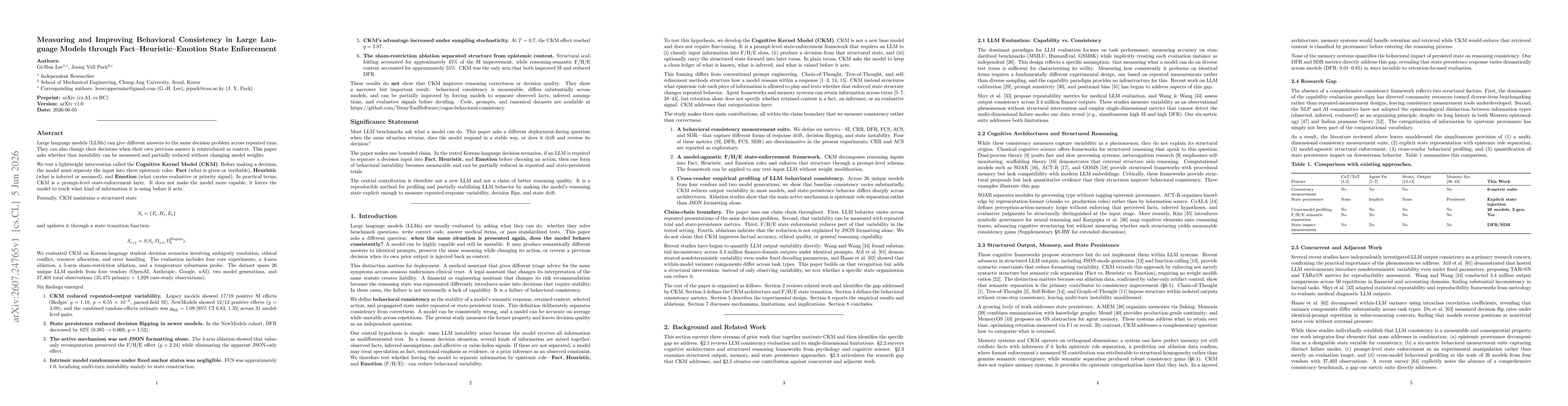 Thumbnail for Measuring and Improving Behavioral Consistency in Large Language Models through Fact-Heuristic-Emotion State Enforcement