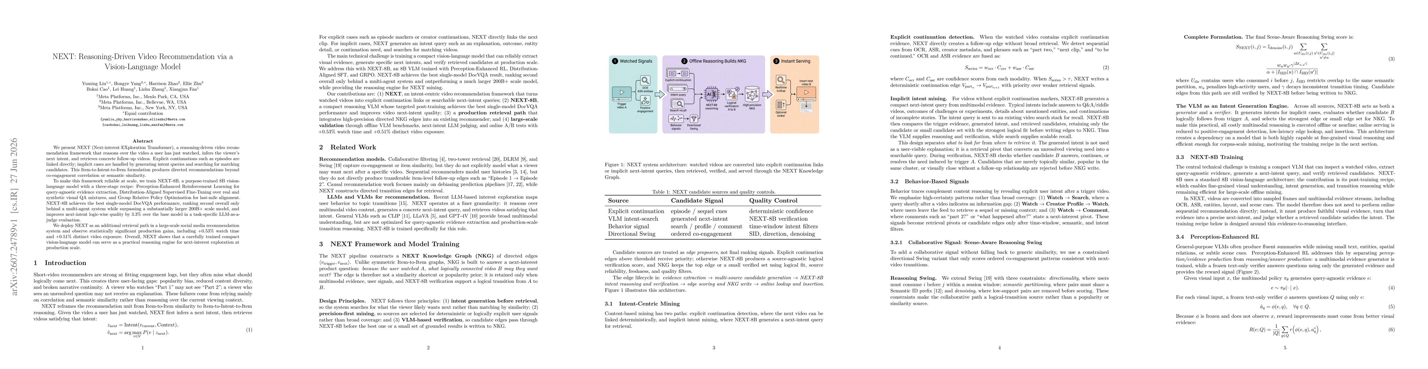 Thumbnail for NEXT: Reasoning-Driven Video Recommendation via a Vision-Language Model