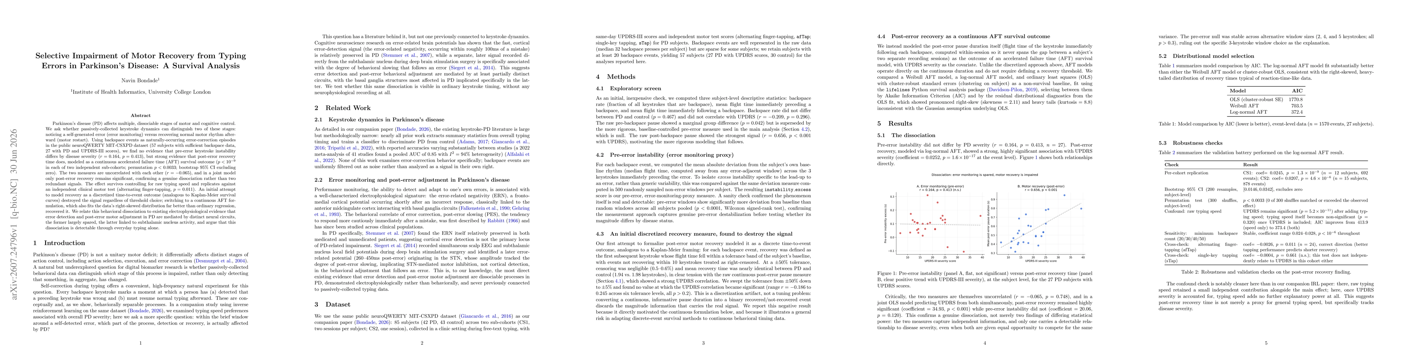 Thumbnail for Selective Impairment of Motor Recovery from Typing Errors in Parkinson's Disease: A Survival Analysis