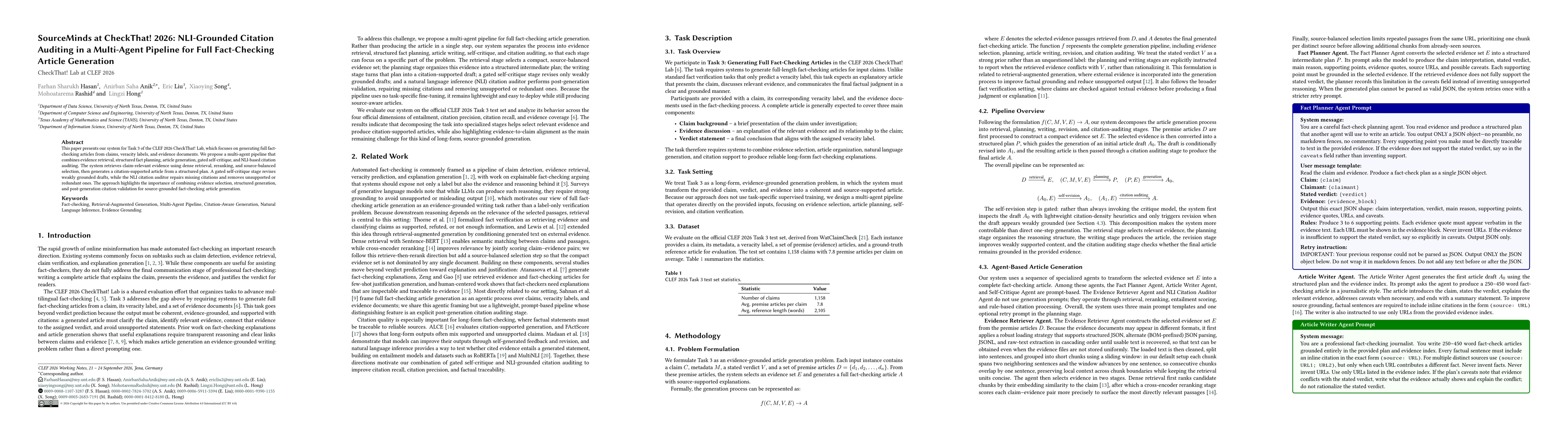 Thumbnail for SourceMinds at CheckThat! 2026: NLI-Grounded Citation Auditing in a Multi-Agent Pipeline for Full Fact-Checking Article Generation
