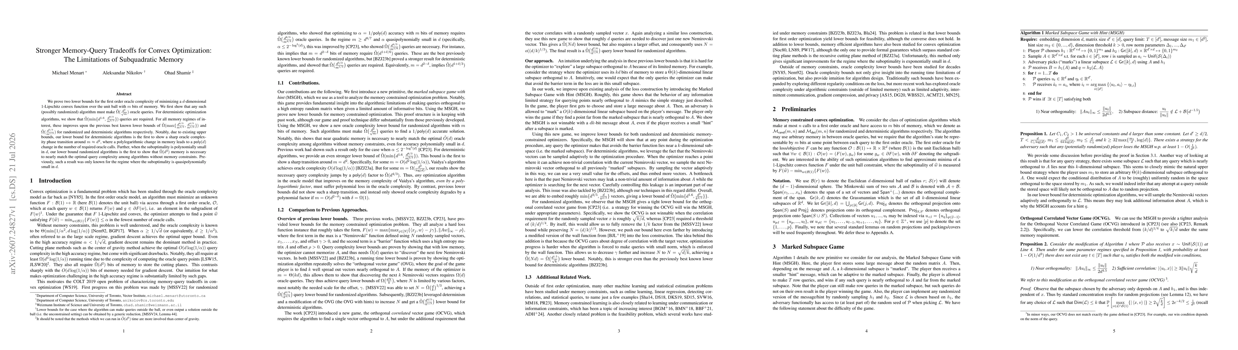 Thumbnail for Stronger Memory-Query Tradeoffs for Convex Optimization: The Limitations of Subquadratic Memory