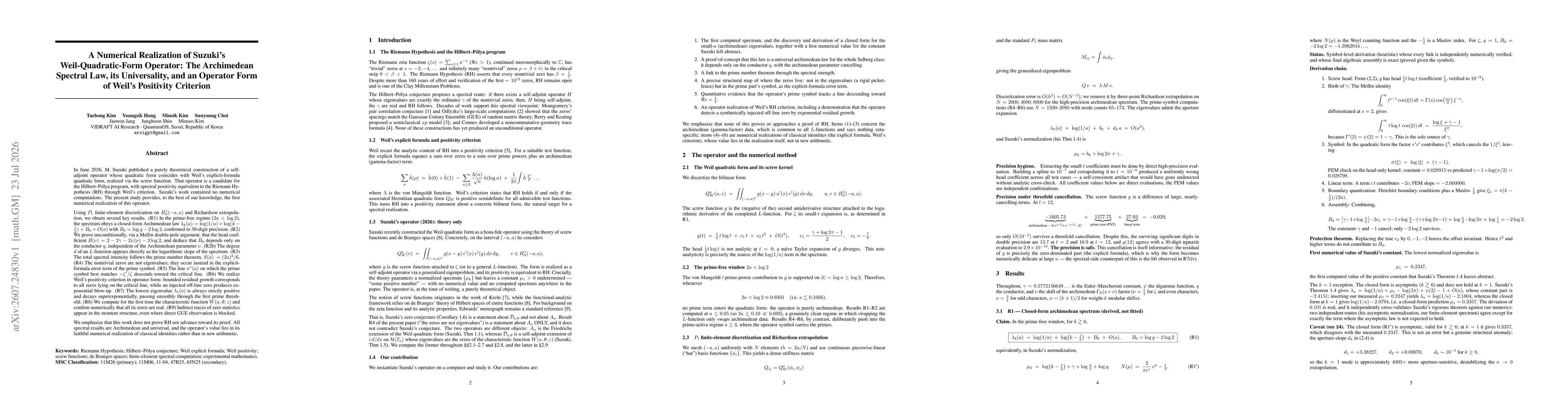 Thumbnail for A Numerical Realization of Suzuki's Weil-Quadratic-Form Operator: The Archimedean Spectral Law, its Universality, and an Operator Form of Weil's Positivity Criterion