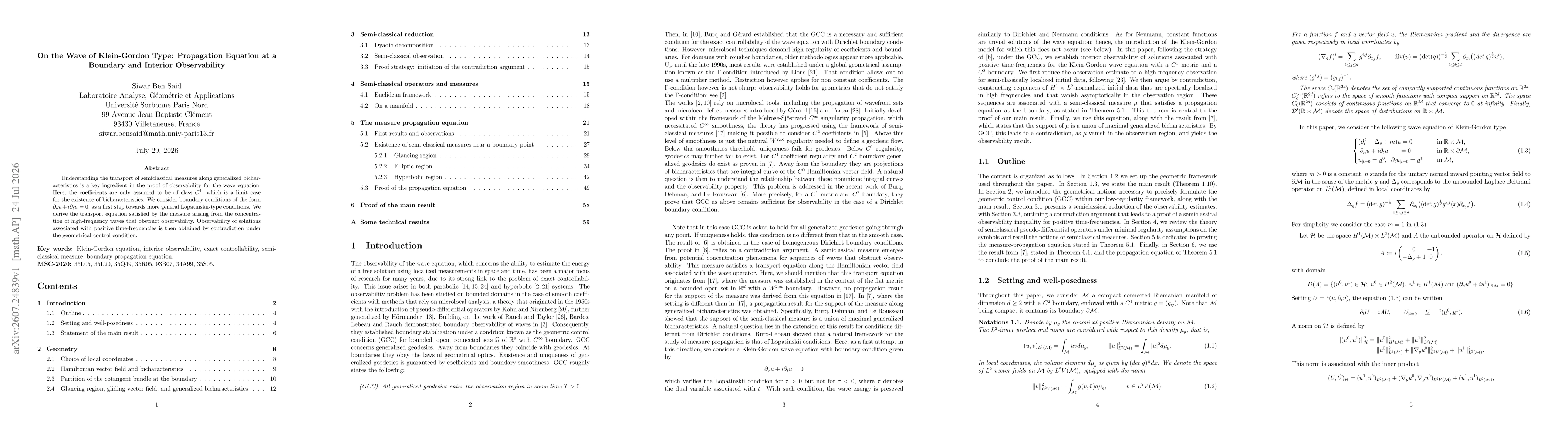 Thumbnail for On the Wave of Klein-Gordon Type: Propagation Equation at a Boundary and Interior Observability