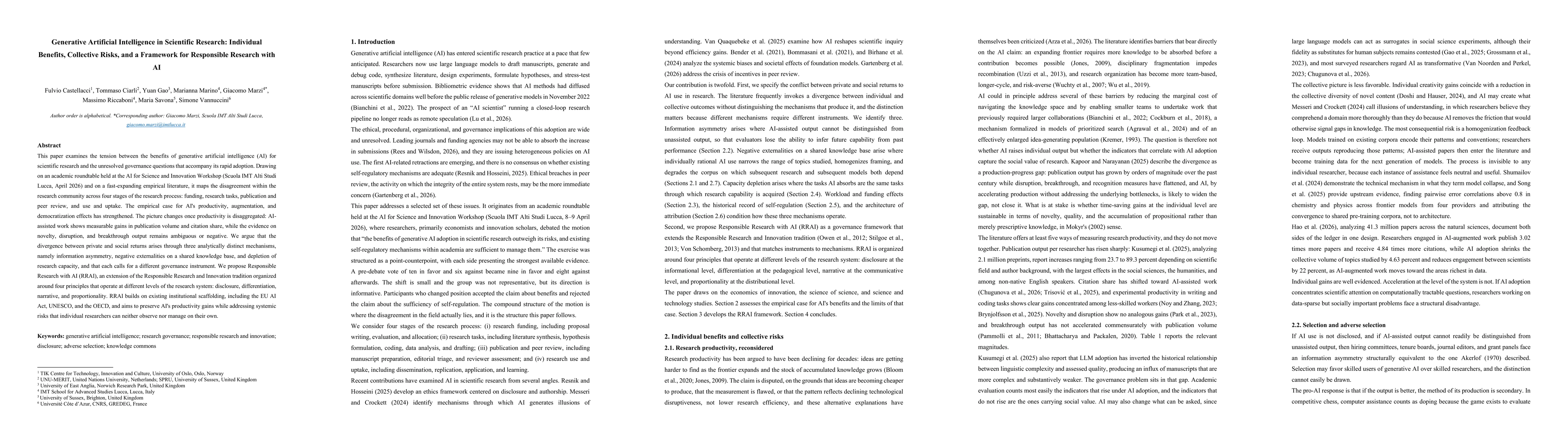 Thumbnail for Generative Artificial Intelligence in Scientific Research: Individual Benefits, Collective Risks, and a Framework for Responsible Research with AI