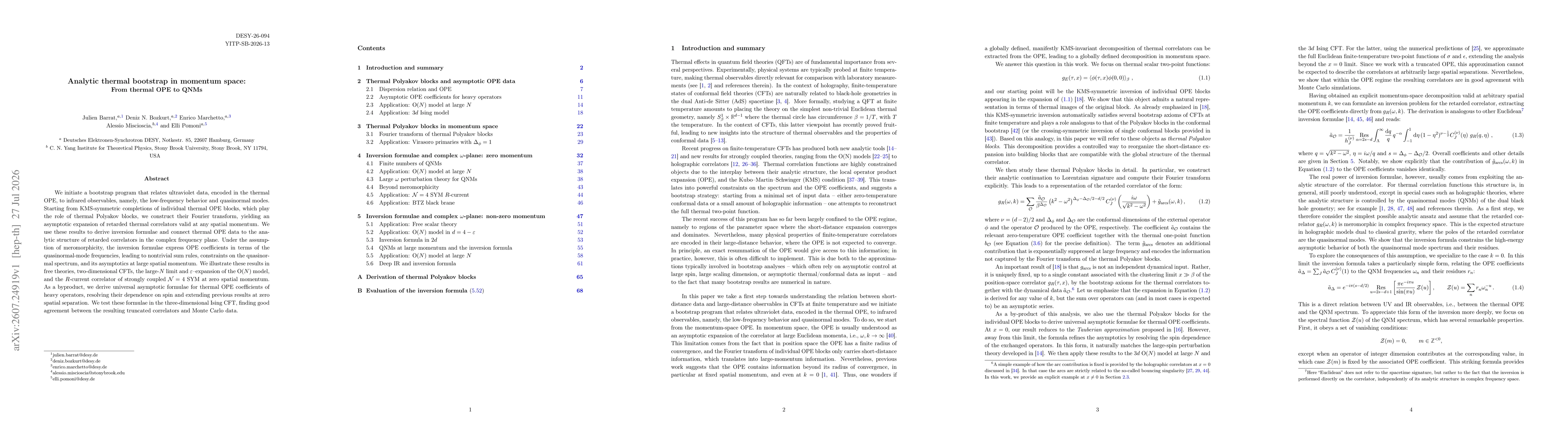 Thumbnail for Analytic thermal bootstrap in momentum space: From thermal OPE to QNMs