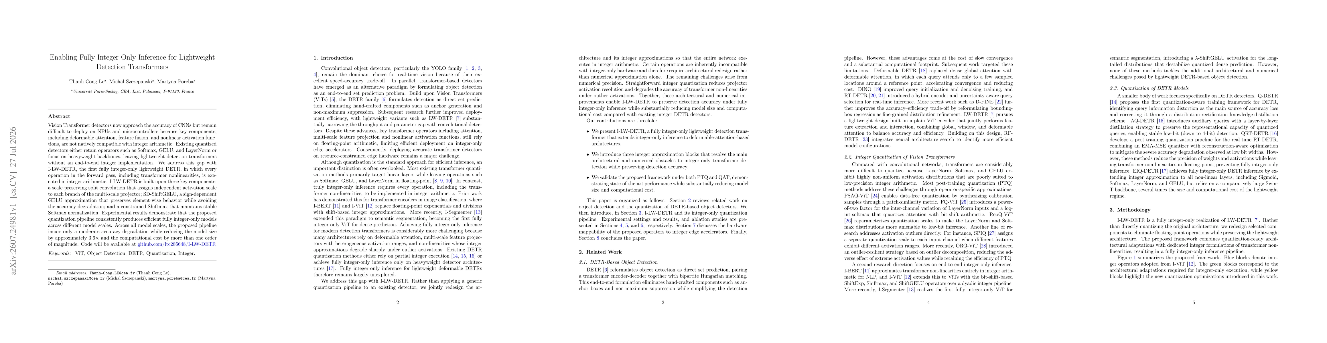 Thumbnail for Enabling Fully Integer-Only Inference for Lightweight Detection Transformers