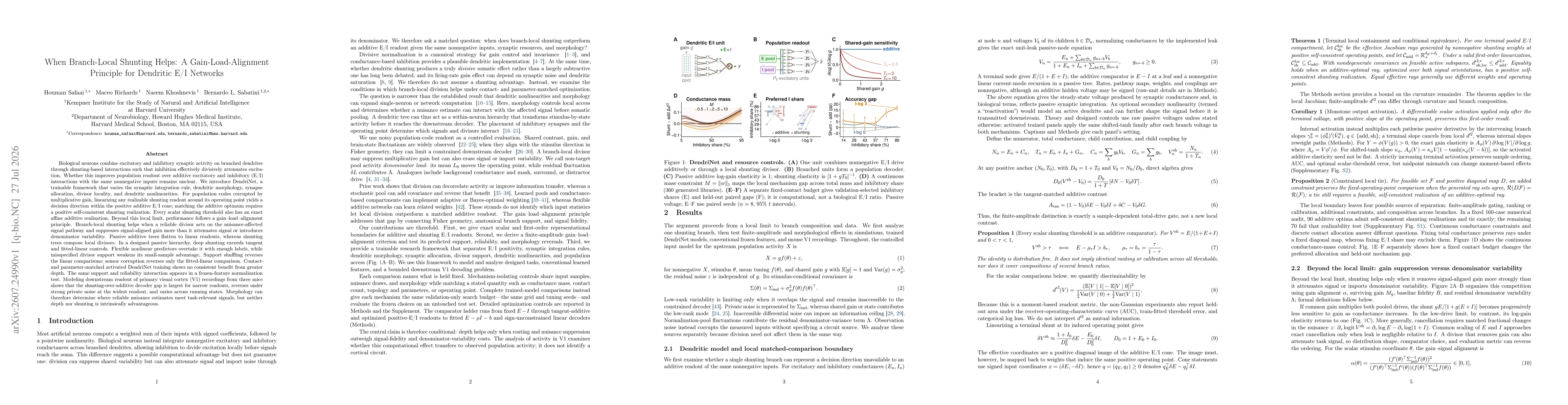 Thumbnail for When Branch-Local Shunting Helps: A Gain-Load-Alignment Principle for Dendritic E/I Networks