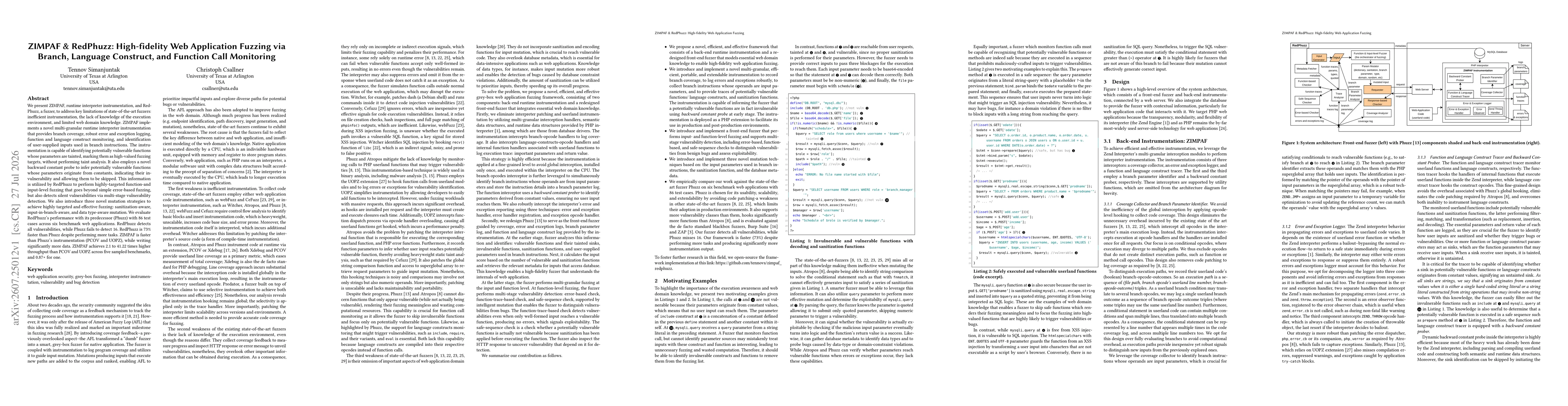 Thumbnail for ZIMPAF & RedPhuzz: High-fidelity Web Application Fuzzing via Branch, Language Construct, and Function Call Monitoring