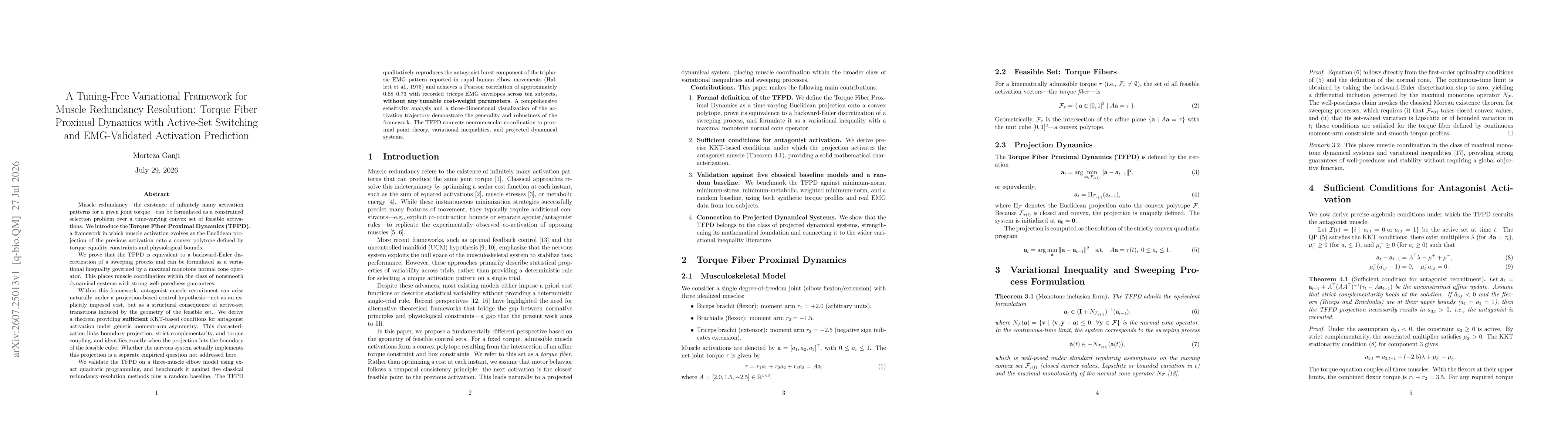 Thumbnail for A Tuning-Free Variational Framework for Muscle Redundancy Resolution: Torque Fiber Proximal Dynamics with Active-Set Switching and EMG-Validated Activation Prediction