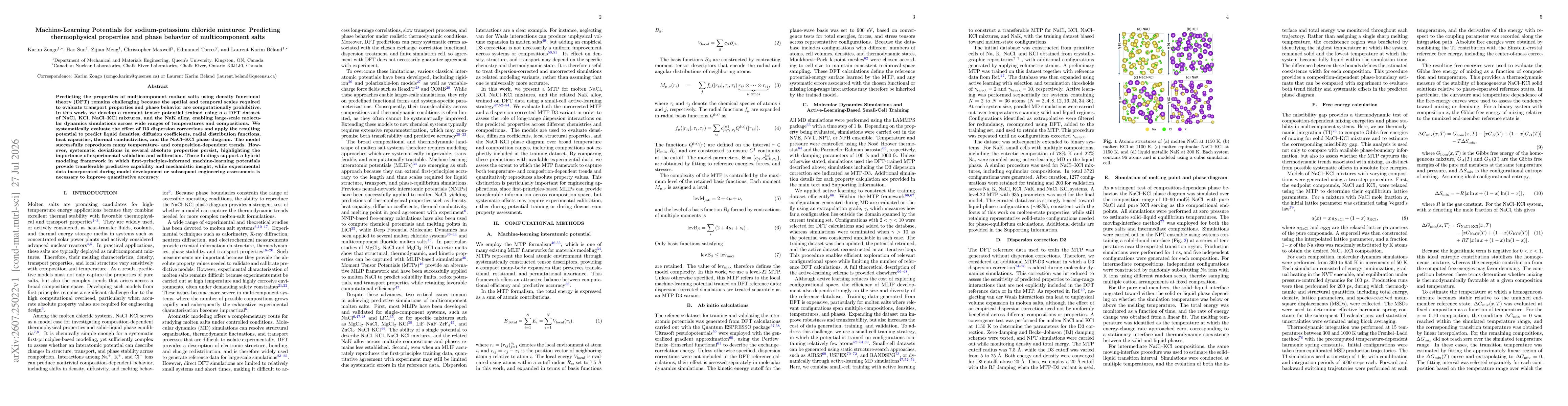 Thumbnail for Machine-Learning Potentials for sodium-potassium chloride mixtures: Predicting thermophysical properties and phase behavior of multicomponent salts