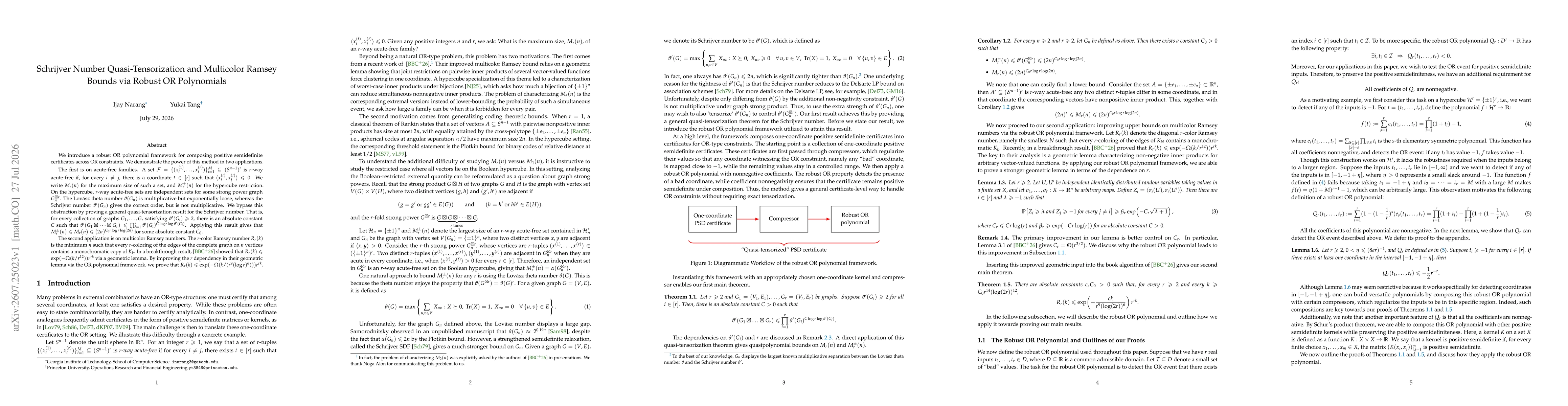 Thumbnail for Schrijver Number Quasi-Tensorization and Multicolor Ramsey Bounds via Robust OR Polynomials