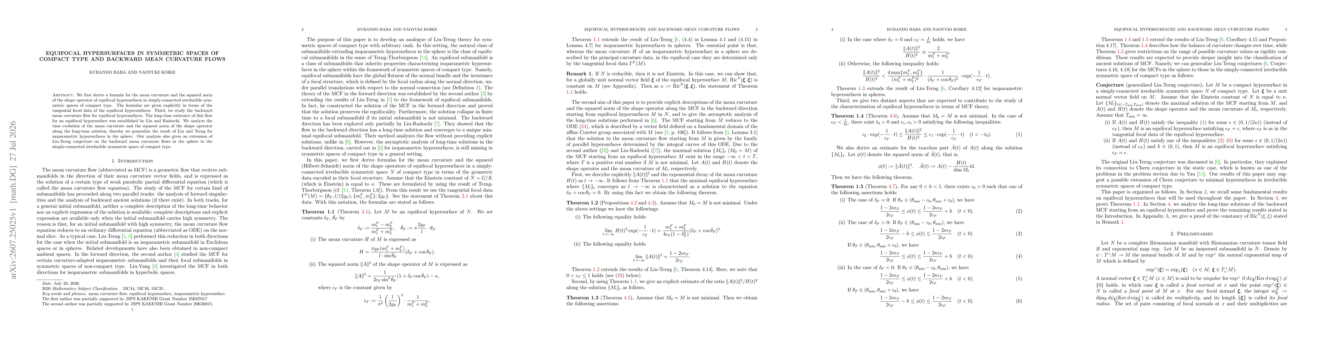Thumbnail for Equifocal hypersurfaces in symmetric spaces of compact type and backward mean curvature flows