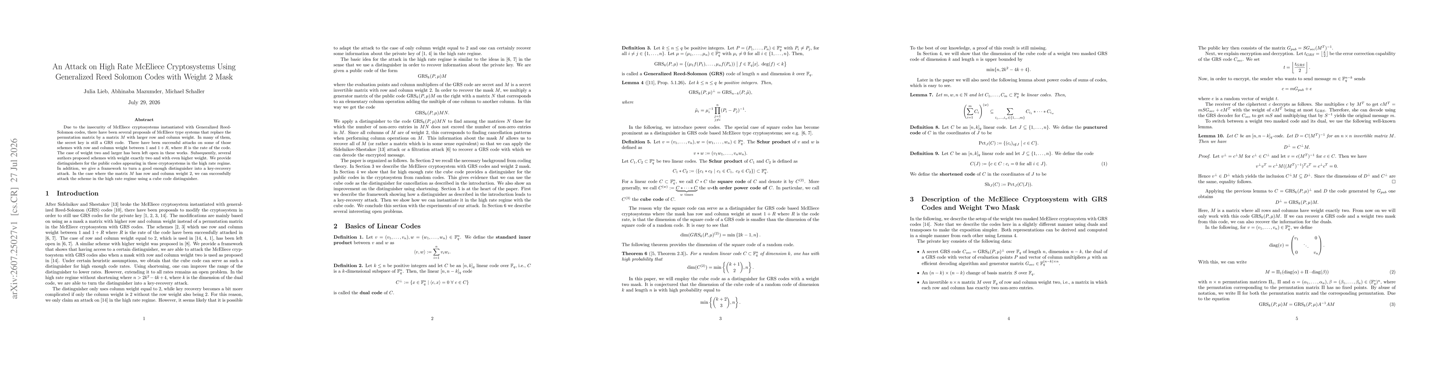 Thumbnail for An Attack on High Rate McEliece Cryptosystems Using Generalized Reed Solomon Codes with Weight $2$ Mask