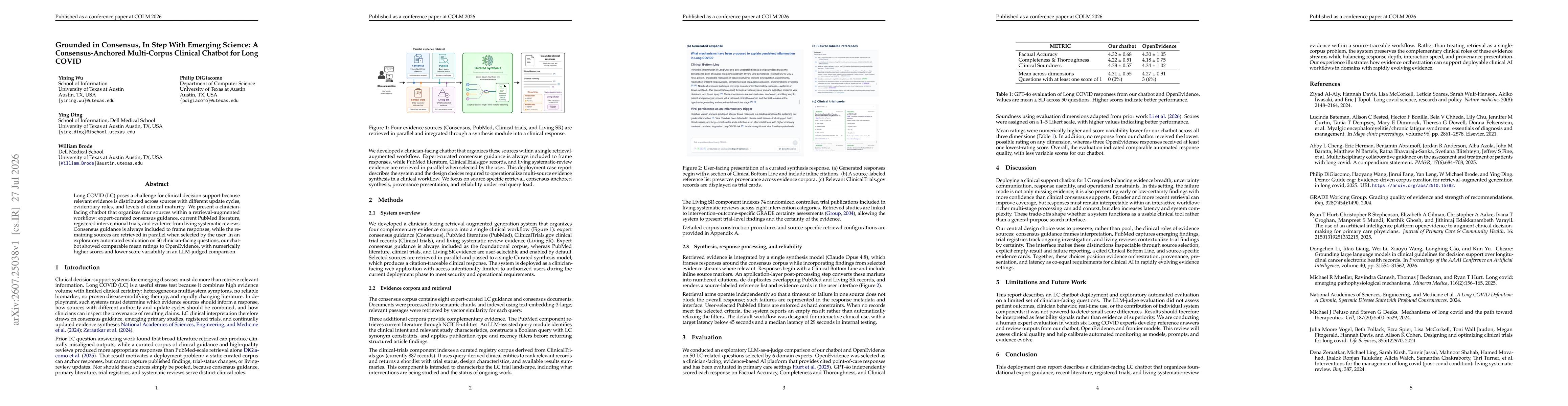 Thumbnail for Grounded in Consensus, In Step With Emerging Science: A Consensus-Anchored Multi-Corpus Clinical Chatbot for Long COVID