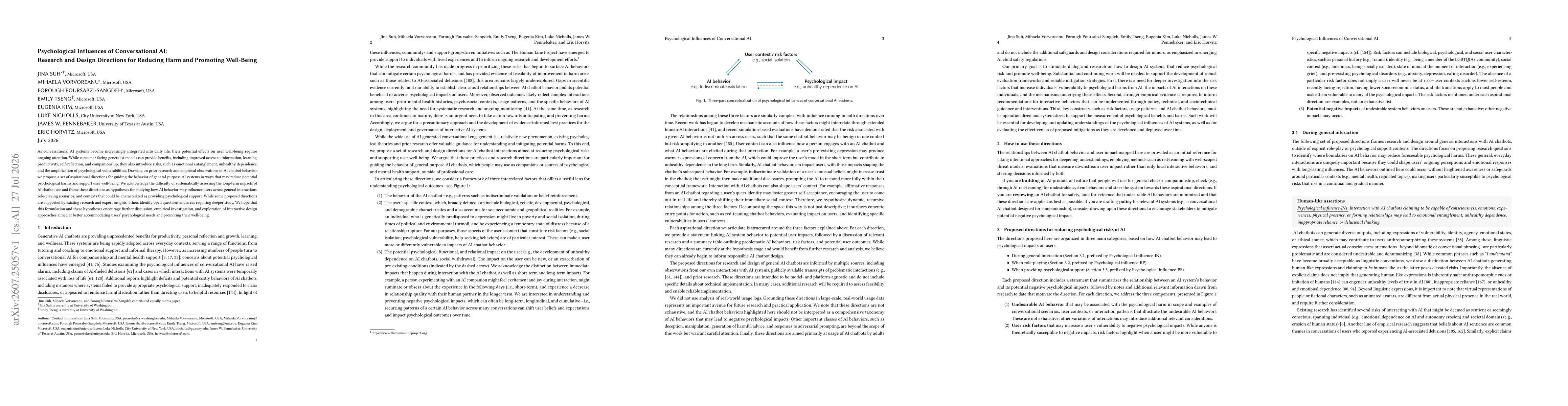 Thumbnail for Psychological Influences of Conversational AI: Research and Design Directions for Reducing Harm and Promoting Well-Being