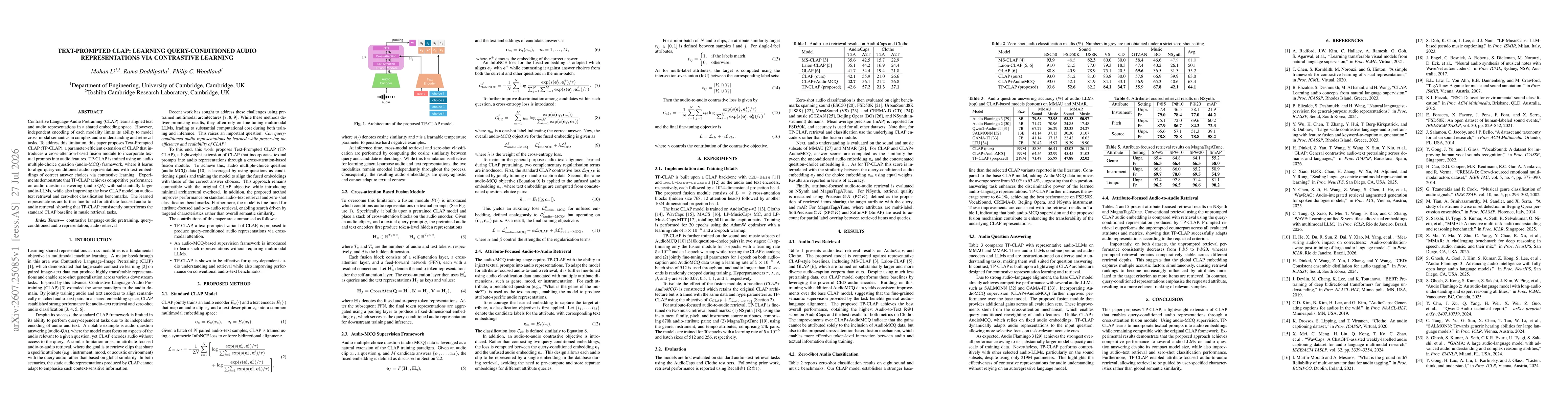 Thumbnail for Text-Prompted CLAP: Learning Query-Conditioned Audio Representations via Contrastive Learning