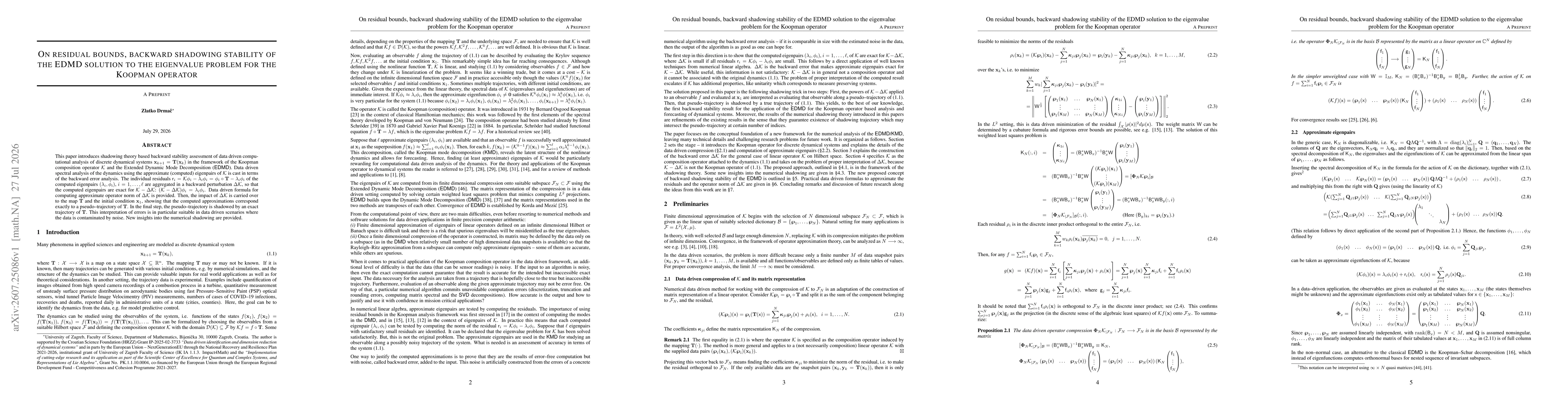 Thumbnail for On residual bounds, backward shadowing stability of the Extended Dynamic Mode Decomposition solution to the eigenvalue problem for the Koopman operator