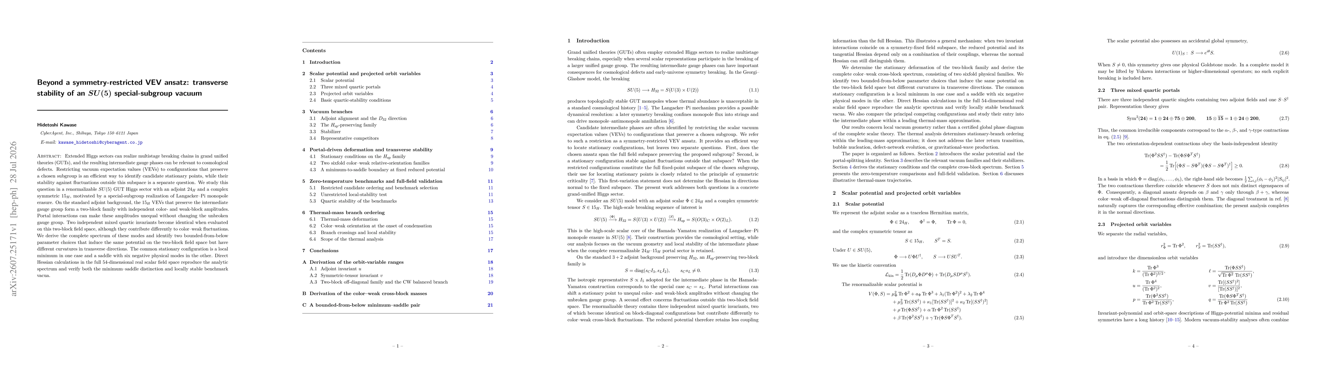 Thumbnail for Beyond a symmetry-restricted VEV ansatz: transverse stability of an $SU(5)$ special-subgroup vacuum